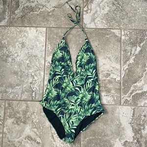 Onia Navy & Green Tropical Halter One-Piece Swimsuit
